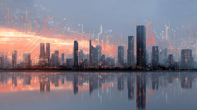 Futuristic digital city skyline at sunset reflected in water, symbolizing technology, AI, and smart urban development. Abstract glowing circuit connections overlay modern skyscrapers - Powered by Adobe