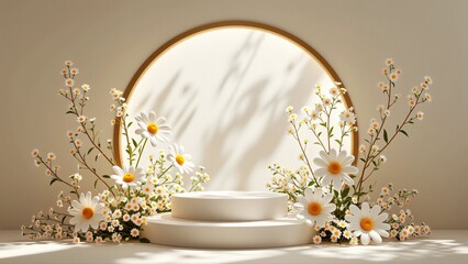 rendering round archway white pedestal center archway light colored material surrounded bunch white daisies yellow centers flowers arranged symmetrical pattern around archway creating beautiful