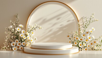 rendering round white pedestal gold rim pedestal placed white surface beige background either side pedestal two large white flowers yellow centers green leaves flowers arranged symmetrical manner