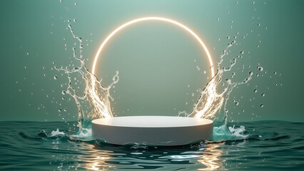 white circular object floating surface water object appears smooth glossy material surrounded greenish blue background water splashing around object creating sense movement energy center bright