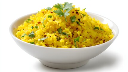 Golden Rice Delight: A vibrant bowl of golden rice, garnished with fresh herbs, offering a tantalizing visual feast. The culinary presentation showcases a simple yet elegant dish.