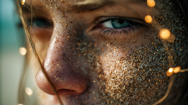 Captivating close-up of a face adorned with shimmering glitter, illuminated by soft, ethereal lights, capturing a moment of beauty.