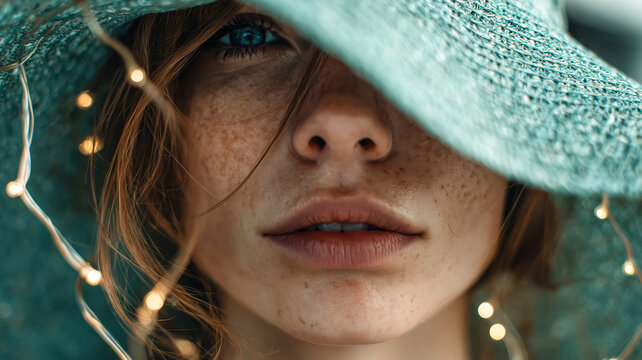 Close up portrait of a woman with freckles and red hair wearing a hat. A string of lights adds a soft, warm glow to the shot. - Powered by Adobe