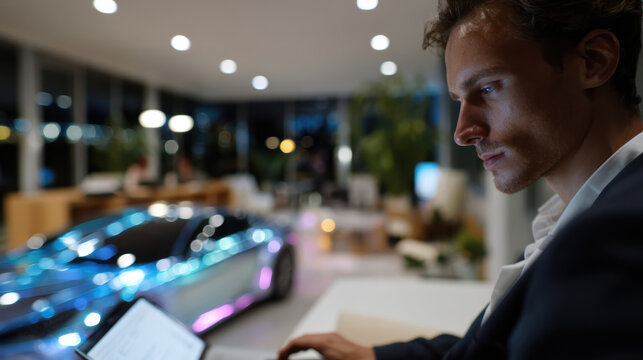 A focused man in a stylish suit is engaged with a laptop in a contemporary car showroom, highlighted by the striking design of an illuminated car in the background.