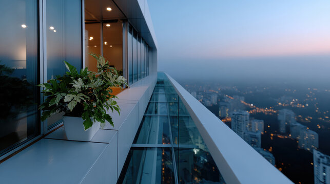 A breathtaking view from a high-rise balcony showcases the urban landscape as day transitions to night, with a subtle ambiance and illuminating city lights at dusk.