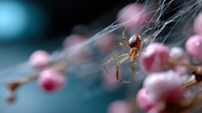A close-up of a spider weaving its web amidst soft pink flowers, capturing the delicate balance of nature and beauty in a stunning display of intricate detail. - Powered by Adobe