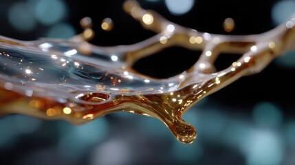 A dynamic and visually striking image of liquid art showcasing a golden splash with shimmering bubbles against a blurred background, capturing the essence of fluid motion.