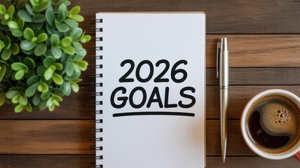 Plan your success with a 2026 goals notebook, pen, and coffee, ready for your ambitious future plans, strategic planning, and dream chasing today
