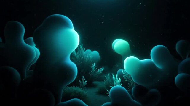 Abstract visualization of bioluminescent algae, emitting soft, ethereal light in a dark aquatic environment, symbolizing renewable bio energy potential.