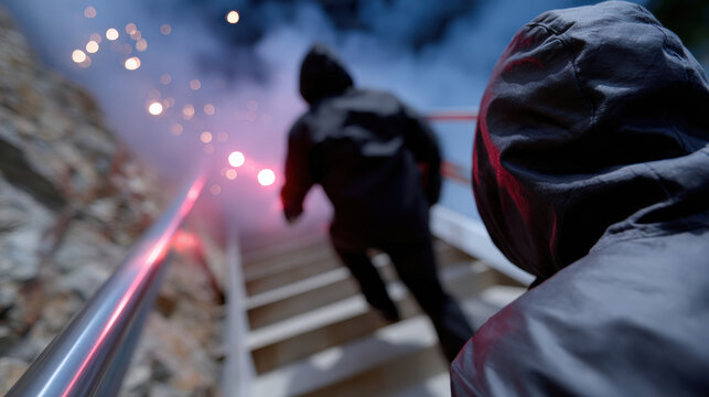 A dramatic scene capturing two figures running up a staircase amidst billowing smoke and bright flares, evoking a sense of urgency and adventure in the atmosphere.