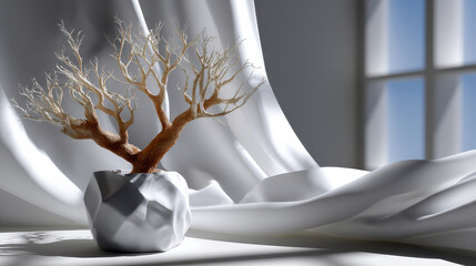 A minimalist elegant tree design displayed in a stylish pot, contrasting textures and soft lighting to create an atmospheric and artistic decor piece for modern interiors.