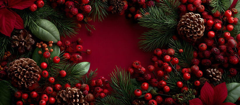 Red Christmas template for design featuring a festive frame against a red background Flat lay top view and copy space for text