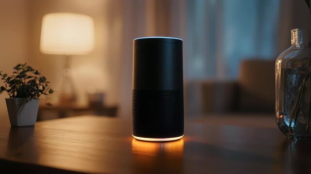 Smart Home Assistant Speaker Listening on a Table at Night.