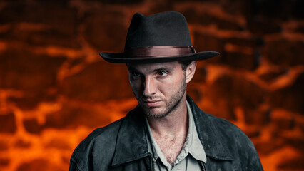 adventurer (Indiana Jones). stone wall background.