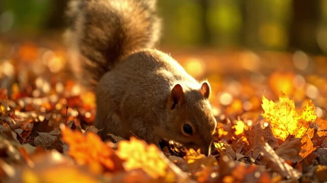 Depicting the serene existence of a woodland squirrel within its untouched natural environment, surrounded by native flora and gentle forest sounds. Wide shot, environmental context