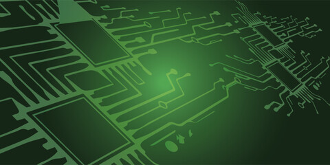 Green Circuit Board Design with Electronic Components and Connections.