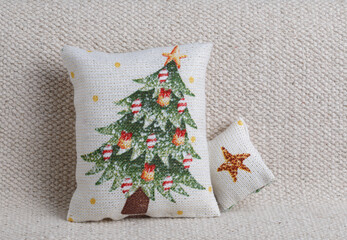 Christmas tree cushion on sofa