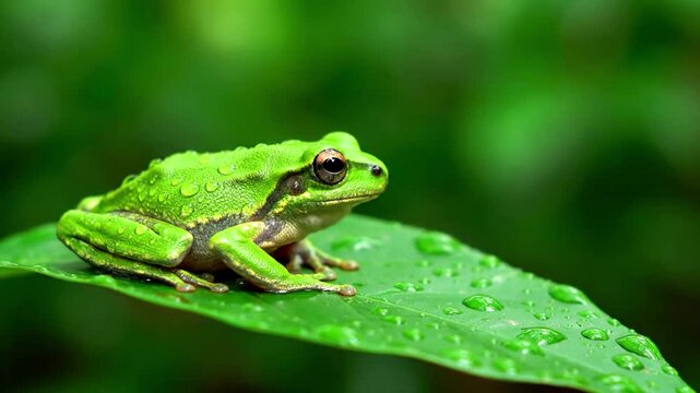 A close up view of a frog's subtle movements, such as a blink or a slight shift in position, illustrating its quiet presence within its wild environment.
