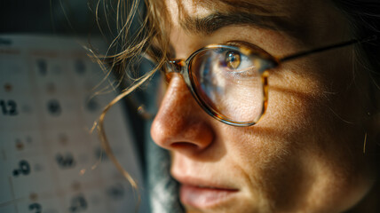 Close-up of a woman wearing glasses, gazing thoughtfully toward the light, lost in introspection and contemplation of future aspirations.