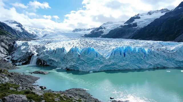 Time lapse sequence of a glacier calving event, illustrating the dramatic detachment of ice chunks into a frigid, deep blue ocean or lake. Fixed camera, long exposure