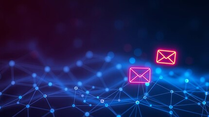Digital communication network with glowing email icons