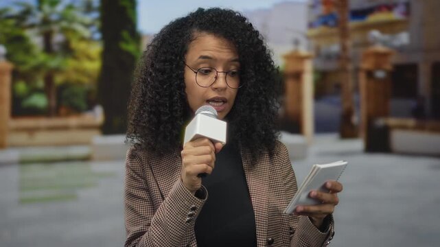 Woman reporter holding microphone on street conducting outdoor interview with notepad in hand wearing glasses curly hair and brown jacket.