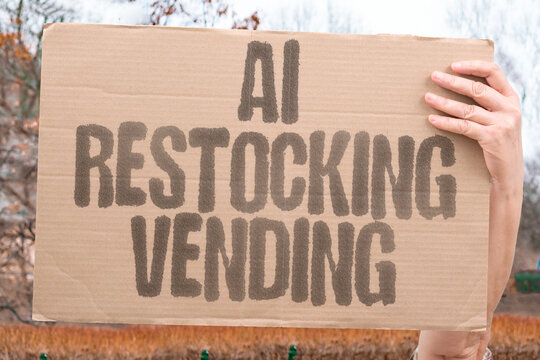 "AI Restocking Vending" Machines monitor inventory levels ordering supplies and refilling automatically. RESTOCK. VENDING. INVENTORY. SUPPLY. MACHINE.