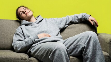 Girl in grey outfit resting arm on back of sofa against solid lime color wall