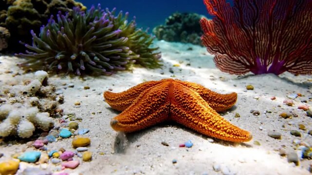Underwater perspective of a starfish clinging to a rock, subtly influenced by gentle ocean currents, emphasizing its resilience and adaptation in its aquatic environment.
