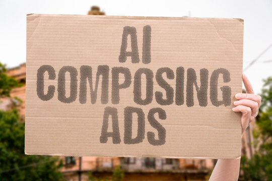 "AI Composing Ads" Programs create marketing content generating copy and visuals automatically. AD. MARKETING. COPYWRITER. CREATIVE. CAMPAIGN.