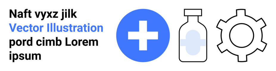 Obraz premium Blue cross, medicine bottle, and gear icon underline connection between healthcare, treatment, and innovation. Ideal for health technology, medical services, pharmaceuticals, innovation diagnostics