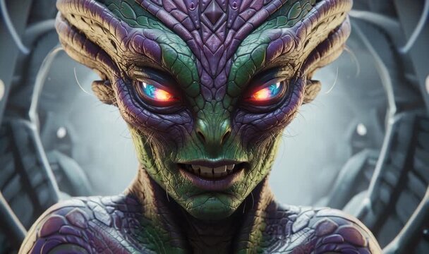 Futuristic Alien Creature with Vibrant Eyes and Intricate Skin Closeup in Sci-Fi Environment
