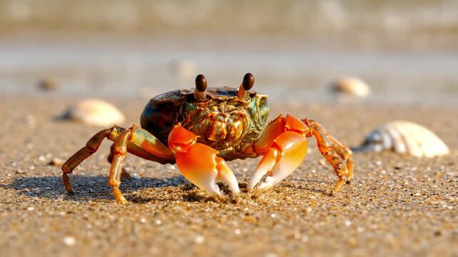 Nature's Resilience on the Shoreline: Depicting the raw beauty and enduring adaptability of ocean life, specifically a crab thriving amidst the elements of the seaside.