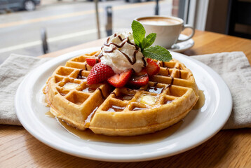 Breakfast with Belgian waffles