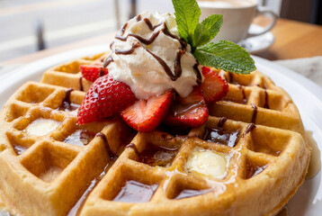 Breakfast with Belgian waffles
