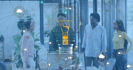 Presenting team discussing product at open office, wearing casual attire, with transparent display