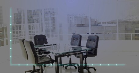 Displaying glass conference table and black leather chairs in modern office, cyan graph overlay