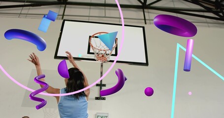Jumping woman in light blue sleeveless top reaching hoop in gym with EXIT sign, 3D graphics