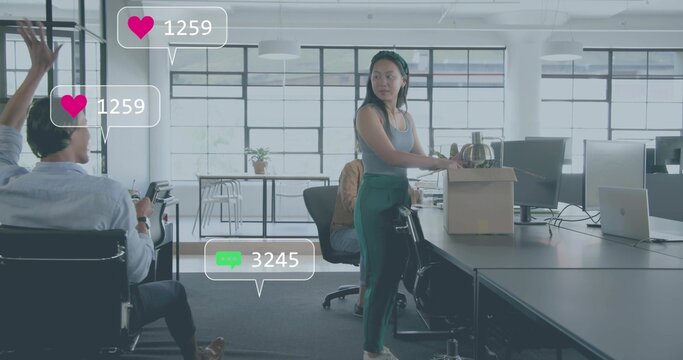 Holding cardboard box and metal kettle, woman wearing gray tank and green pants in open-plan office - Powered by Adobe