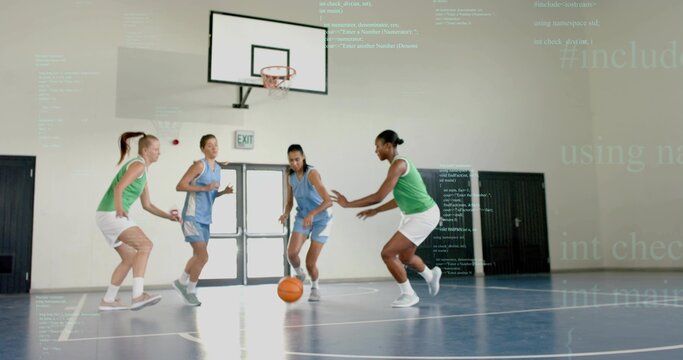 Dribbling player in light-blue jersey controlling basketball at gym green jerseys guarding hoop - Powered by Adobe