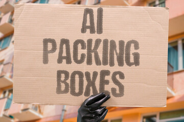 "AI Packing Boxes" Machines arrange items securely into shipping containers efficiently now. PACK. BOX. SHIPPING. WAREHOUSE. PACKAGE.