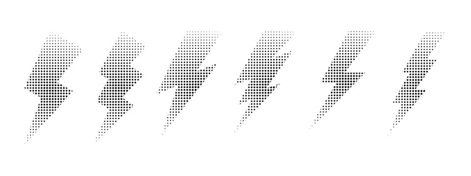 Set of black thunderbolt shapes with halftone, noise or grainy texture isolated on white background. Dotted lightning silhouettes in manga style. Vector graphic illustrations.