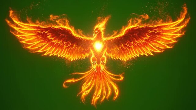Animated flaming phoenix spreading its wings, a magical bird of fire. Burning legend effect on green screen for chromakey.