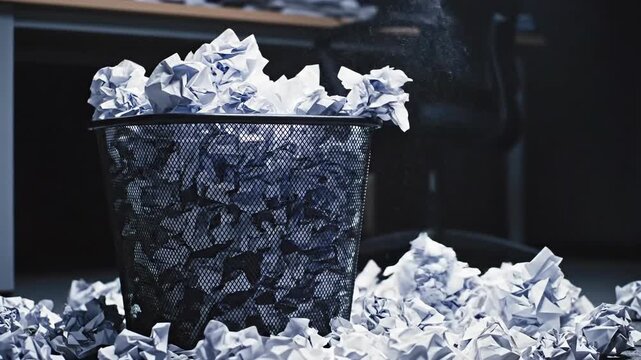 Discarded paper clutter in office trash bin waste