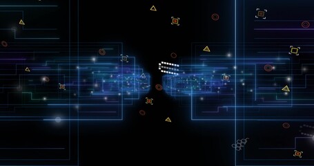 Displaying two luminous data clusters sending via white pixel bridge across cyber grid, neon frames