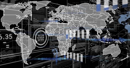 Displaying translucent world map overlay rotating over control-center dashboard, with HUD dials