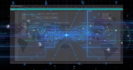 Displaying translucent terminal window showing CLI text across network dashboard, with bright node