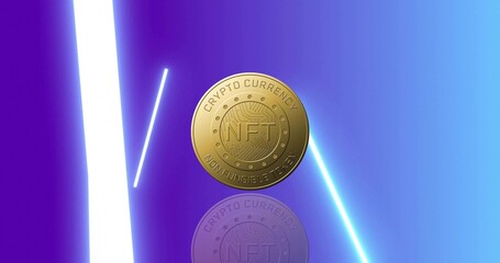 Floating gold NFT coin hovering above mirrored surface with vertical white beam and cyan streak