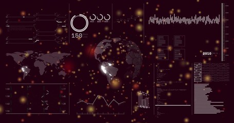 Displaying maroon data dashboard centering clear 3D globe on virtual panel, showing gauges, charts
