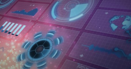 Displaying radial HUD left-center on holo grid showing radar, bar and line charts, globe, waveform